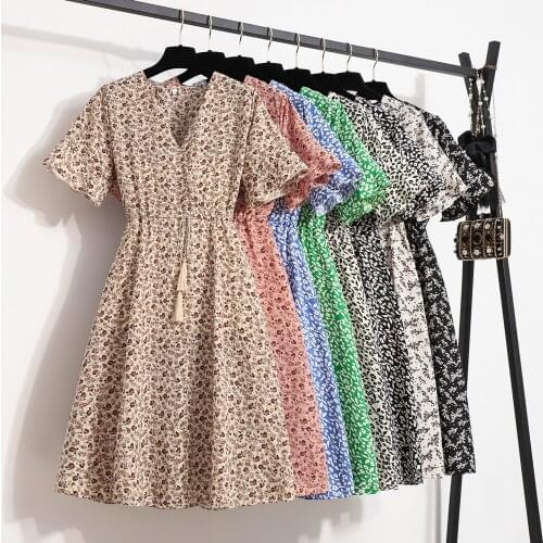 2021 Summer Holiday Chiffon Dress Women Elegant V Neck Short Sleeve Lace Up Drawstring Korean Style Kawaii Party Midi Dresses XL