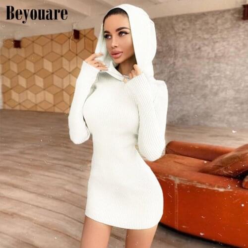 Beyouare Knitting Casual Hooded Mini Dresses For Women Long Sleeve Slim Bodycon Autumn Solid Sexy Elegant Office Lady Dress 2021