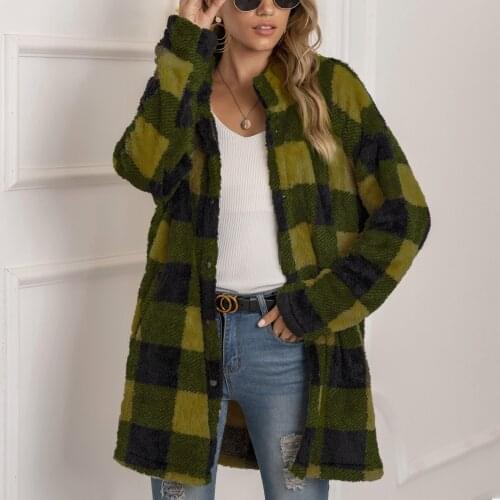 Winter Plush Jacket Coat Women Vintage Plaid Streetwear Long Leeve Thick Wool Jackets Plaid Shirt Oversized Lapel Buttons Coats