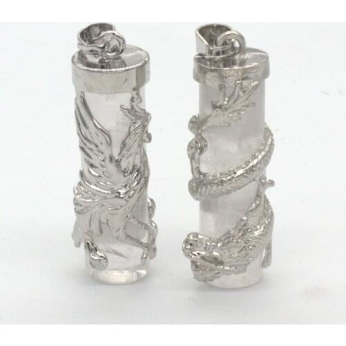 100-Unique Silver Plated Chinese Phoenix and Dragon Natural Rock Crystal Cylinder Pendant Vintage Jewelry