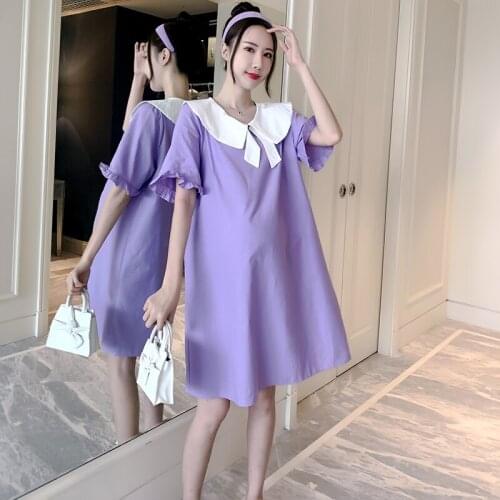 118# Maternity Clothes Summer Cotton Peter Pan Collar Loose Stylish Dress for Pregnant Women Pregnancy Clothes