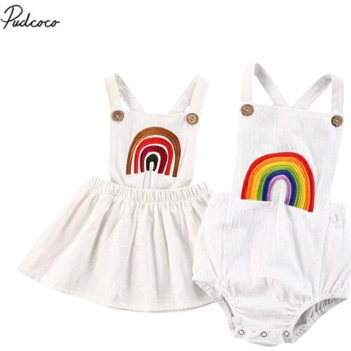 2020 Sweet Rainbow 0-24M Infant Girl Romper Dress Summer New Newborn Baby Sleeveless Striped Embroidery Backless Jumpsuit/Dress
