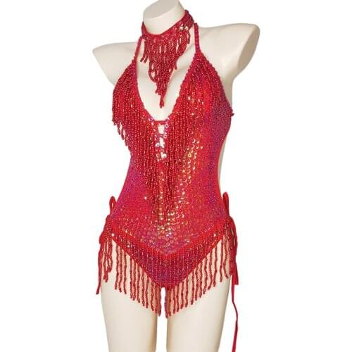 Shiny Costume For Women Red Beading Sequin Tassel One-Piece Bodysuit Sexy Clubwear Party Outfit Stage Performance Dance Clothes