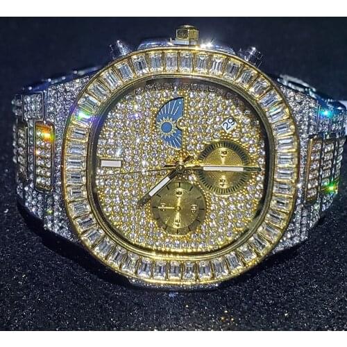 Hip Hop MISSFOX Baguette Diamond Mens Watches Quartz Chronograph Luxury Brand Gold Watch Men Waterproof Golden Clock Timepiece