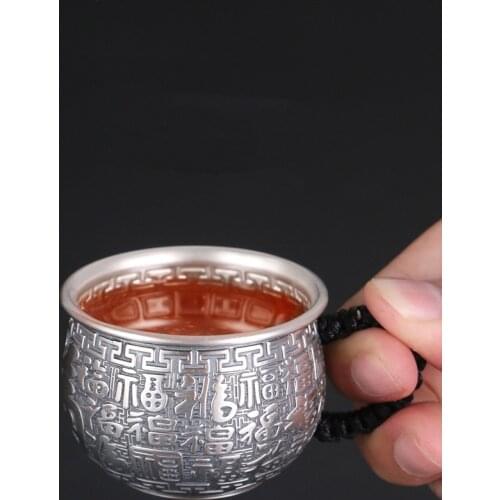 Pure Silver 999 Tea Cup Kung Fu Master Mini Bless Insulated Teacup Single Anti-scald Full Silver Side Handle Health Care Gifts
