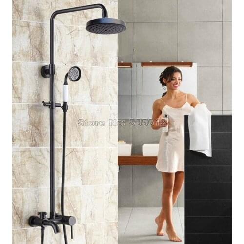 Black Oil Rubbed Bronze Wall Mounted Bathroom Rain Shower Faucet Set / Single Handle Bathtub Mixer Taps + Handheld Shower Wrs346