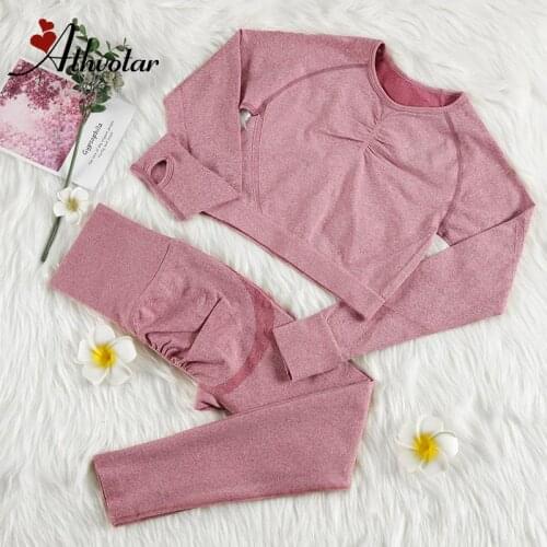 ATHVOTAR Long Sleeve Fitness Gym Set Workout Clothes for Women Seamless Sport Leggings Breathable Sportswear Yoga Suits