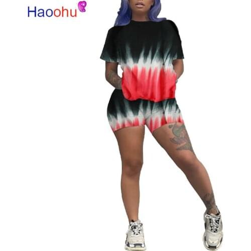 HAOOHU 2020 Summer Women Two Pieces Sets Tracksuits Short Sleeve Print Tops Shorts Suit Fitness Sporty Street Club 2 Pcs Outfit
