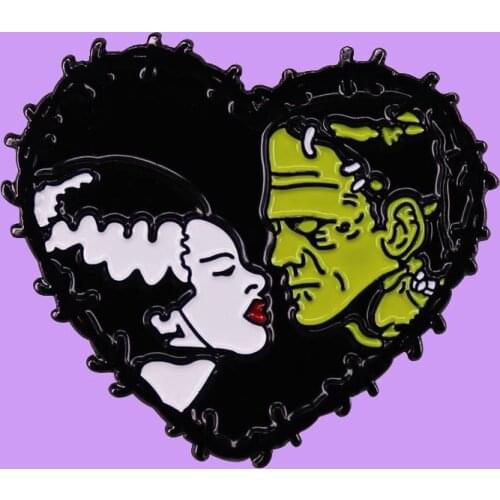 Cartoon Anime Frankenstein and Bride Love Heart Brooch Pins Enamel Metal Badges Lapel Pin Brooches Fashion Jewelry Accessories