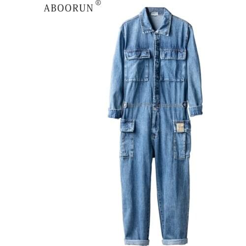 ABOORUN Mens Multi Pockets Cargo Denim Jumpsuits Casual Long Sleeve Overalls Jeans Set Gray Blue