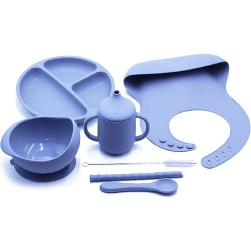 7pcs Set Baby Dining Dishes Silicone Bowl+Plate+Spoon+Bibs Strong Sucker Feeding Set Tableware Kids Dinnerware P31B