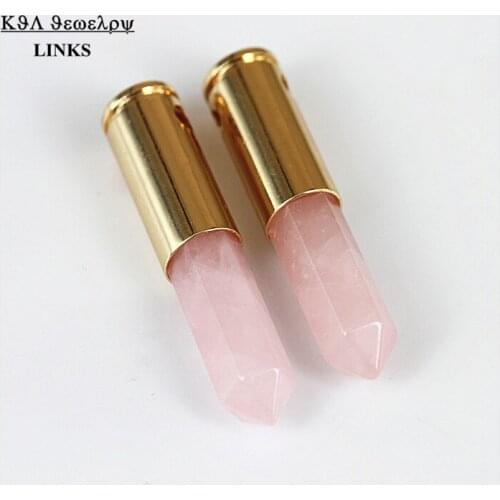 Real 24k gold reiki chakra healing quartz stone pendant pink prism Drill Stone Bullet Point Pendant Fit Necklace