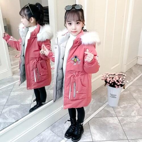 New Hooded Winter Jacket for girls clothing cartoon bee Parka for girl Thicken Long Color faux fur Coat Kids Clothes snowsuit