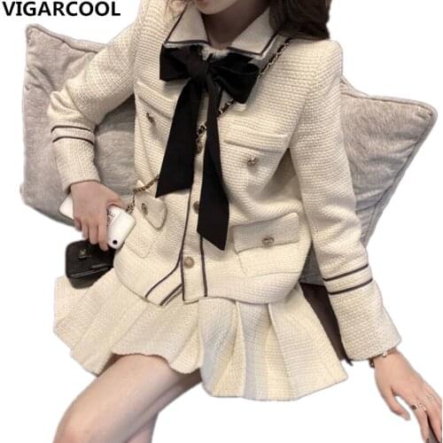 2021 new British style student Skirt Suit lady temperament small fragrance Suit Jacket + high waist pleated Skirt two-piece Suit