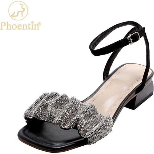 Phoentin 2021 European and American new ladies low heel sandals with diamond decoration Genuine Leather Party Sandals FT1616