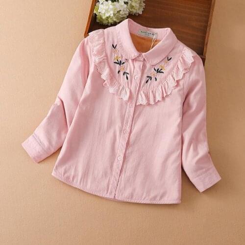 2021 Spring Summer Girls Shirts Baby Tops Flower Embroidery Sweet Long-Sleeved Blouse Kids Clothes Children Shirt for Girls W134