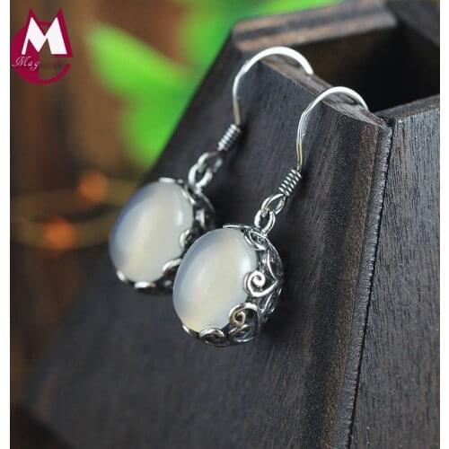 White Chalcedony Women Drop Earrings Hollow Geometric 925 Sterling Silver Earrings For Women Vintage Jewelry Best Gifts SE47