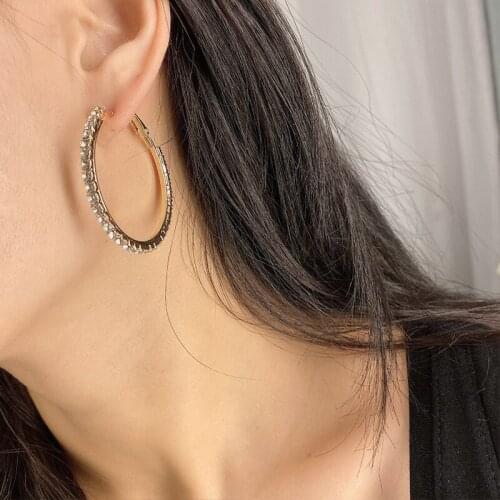Golden Silver Plated Simple Rhinestone Starry Bling Circles Geometry Silver Needles Glossy Alloy Hoop Earrings for Women