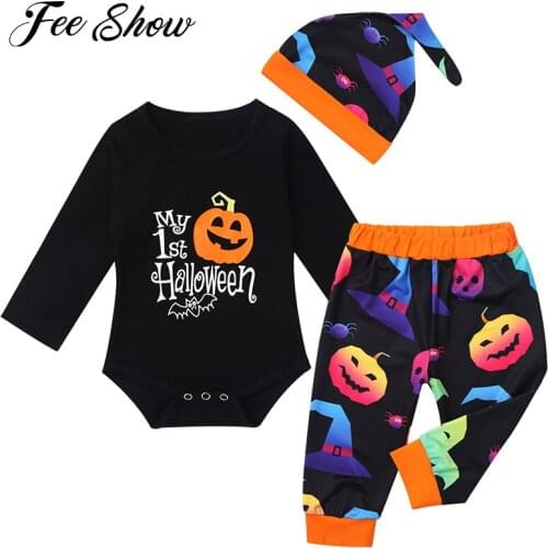 High Quality Baby Boys Girls Autumn My 1st Halloween Clothes Set Infant Long Sleeves Pumpkin Printed Romper Hat Pants Outfits