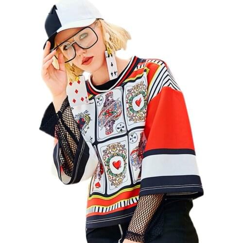 Spring Autumn Female New V-Neck Tops Fashion Three Quarter Pullovers Women Harajuku Poker Print Oversize Casual Sweatshirts Z62