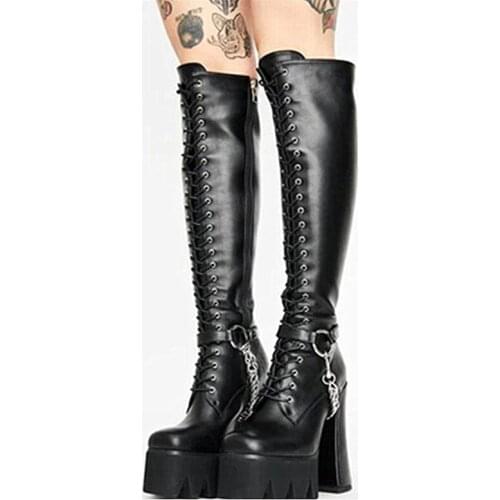 Platform Block Heel Boots Metal Chain Round Toe Knee High Lace Up 2021 Black Leather Stylish Winter Women Boots Ankle Strap