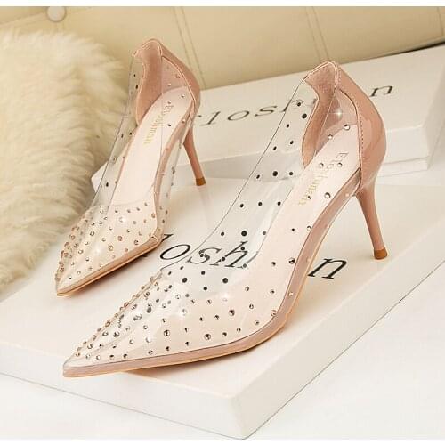 Wommen Pumps 2021 Pointed Rhinestone Transparent Thin High-heeled Shoes for Women Party Stilettos Pumps Shoes Party Shoes