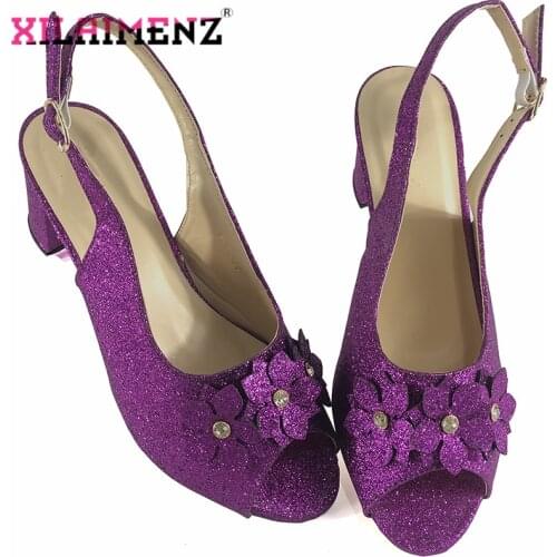 2020 Female 7.3cm Block Square Heels Pumps African Ladies Sexy Chunky Heels Woman Elegant Party Wedding Purple Flower Sandals