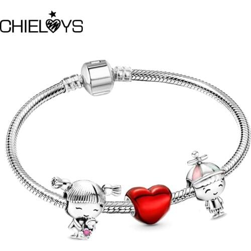 2021 New Romantic Heart Enamel Charm Bracelets With Silver Color Boy & Girl Beads Bracelets for Women Valentines Day Jewelry