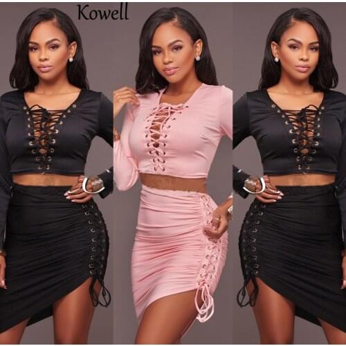 2019 New Style Women Sexy Suits Deep V-Neck Long Sleeve Female Short Shirt High-Waisted Skirt Eyelet Sexy Suits