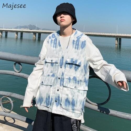 Summer Tie Dye Vests Men Loose Multi-pocket Harajuku Couple Tooling Waistcoats High Street Casual Hip Hop Safari Style Trendy