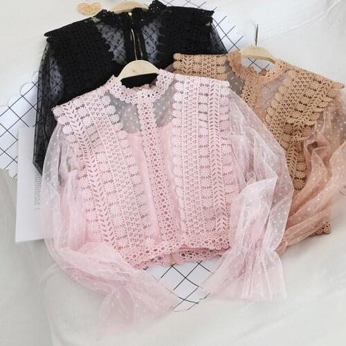 2PCS Women Flare Sleeve Mesh Gauze Polka Dot Hollow Out Lace Flower Basic Ruffle Shirt Vintage Elastic Slim Pullover Blouse Tops
