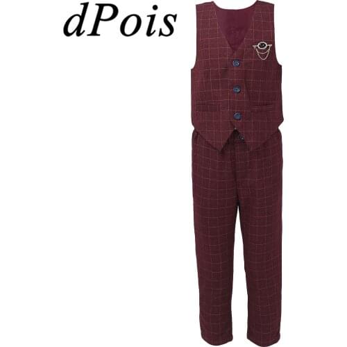 3Pcs Boys Formal Suit Vest Plaid Waistcoats + Pants + Brooch Childrens Gentleman Costume Kids School Wear Flower Boys Suits