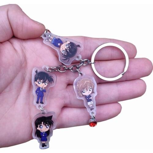 Detective Conan Acrylic Keychain Case Closed For Key Ring With Red Heart Bead Child Student Classic Anime Jewelry Birthday Gift