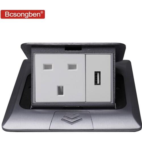 Bcsongben All Aluminum Silver Panel Pop Up Floor Socket 16A British socket Standard Power Outlet With USB Charging Port 5V 1A