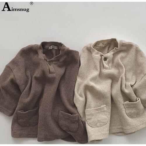 Children T-shirt Cotton Tops Unisex Boys Girls Pockets Design Tees Shirt Kids Clothing 2021 Autumn Long Sleeve Knitted Pullovers