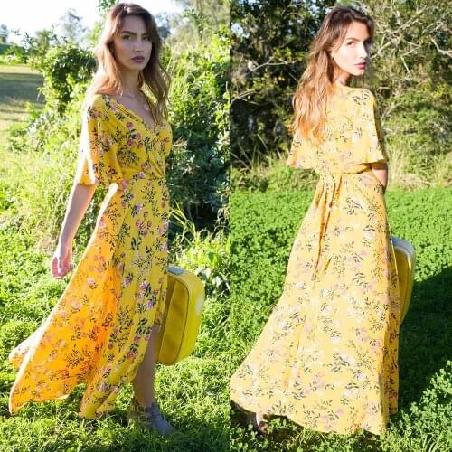 Rayon positioning bell sleeve long dress sexyVCollar lace-up short sleeve printed dress