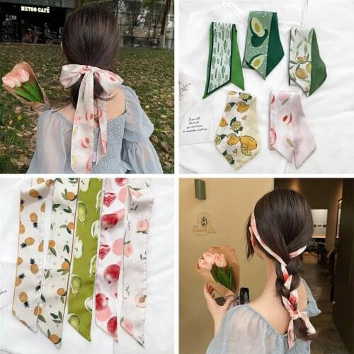 Fruit Print Headband For Hair Tie Head Scarf Women Accessories Satin Silk Handkerchief Ladies Kerchief For Girls Ribbon Bandana