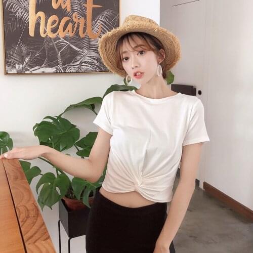 Women Tees Summer T-Shirt New Short O-Neck white Female Solid Color Temperament Cross-Knot Short-Sleeved Crop Tops T-Shirt