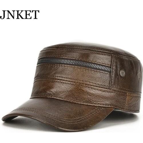 JNKET Retro Mens Genuine Leather Earflaps Hat Winter Warm Army Cap Fleece Lining Cadet Hat Military Hat Flat Cap Casquette