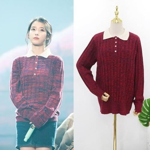 Kpop IU Lee Ji Eun korean elegant long sleeve Solid red Pullovers sweater women winter warm loose casual knit sweaters lady tops