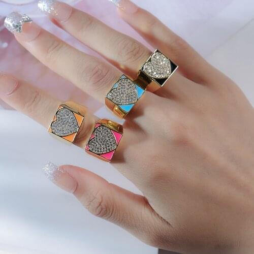 Fashion Unisex Colorful Cute Rings Square Gold Color Copper Enamel Rings Heart Shape Micro pave CZ Ring for Women Man Jewelry