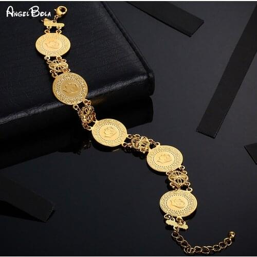 Fashion New Design Unisex Gold Crystal Coin Bracelet Turkey Arabia Luxury Jewelry Bracelet Never Fading Wedding Holiday Gift