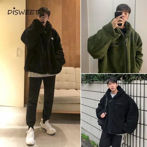 Lamb Wool Padded Hooded Sweatshirts Men Korea Plus Velvet Loose Solid Jacket Mens Winter Warm Slim Long Sleeve Sweatshirts Boy