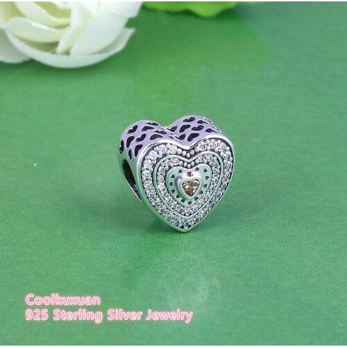 2019 Spring New Lavish Heart Charm Beads Fits Pandora bracelets 100% 925 Sterling Silver Golden Heart CZ Stone European Bead