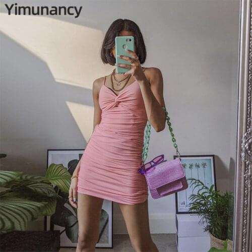Yimunancy Spaghetti Strap Dress Women Solid Bodycon Dress 2021 Summer Ladies Pink Sexy Dress Vestidos Robes
