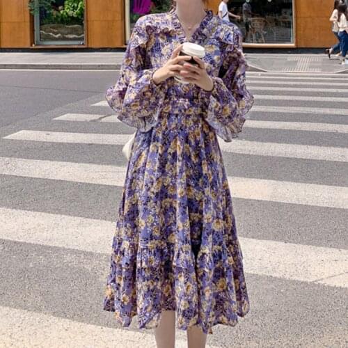 French Retro Ruffles Chiffon Dresses with Lining for Women Long Sleeve Floral Pirnt Long Dress Female Elastic Wasit Loose Dress