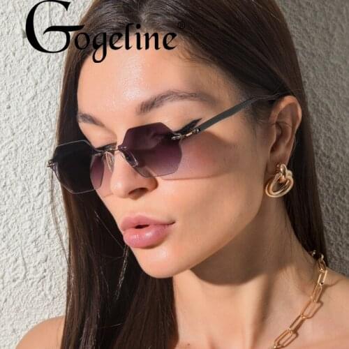 Rimless Polygon Sunglasses Women Ladies Luxury Brand Small Frame Hexagon Sun Glasses Men UV400 Green Lens Sun Glasses Female