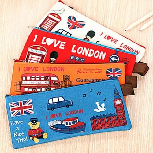 Students Pencil Bag Pen Case Cartoon London Style Zipper Cosmetic Pouch Coin Purse