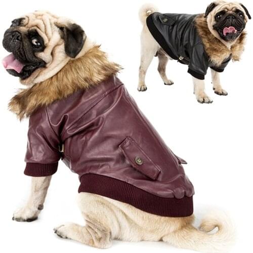 GLORIOUS KEK Luxury Dog Clothes PU Leather Winter Dog Coat Faux Fur Collar Fashion Warm Pet Clothes for Small Dog French Bulldog