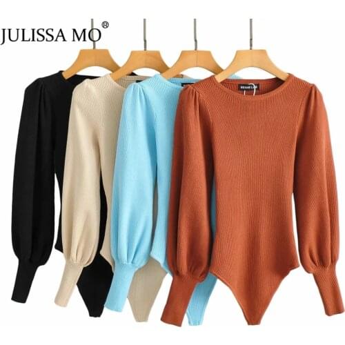 Julissa Mo Rib Knitted Puff Sleeve Bodysuit Women 2021 Spring O-Neck Basic Slim Bodysuits Female Fashion Warm Homewear Jumpsuit
